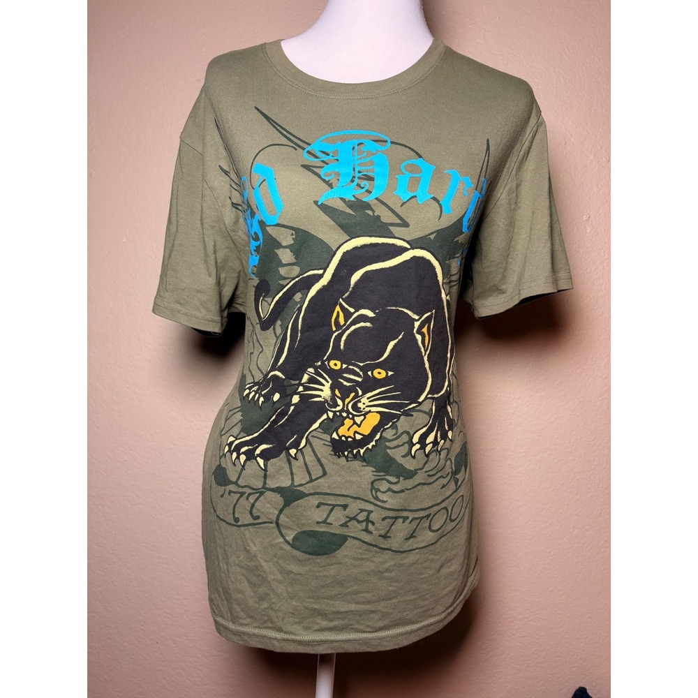 Ed Hardy Panther Tattoo Graphic T-Shirt Olive Green Y2K Streetwear Small